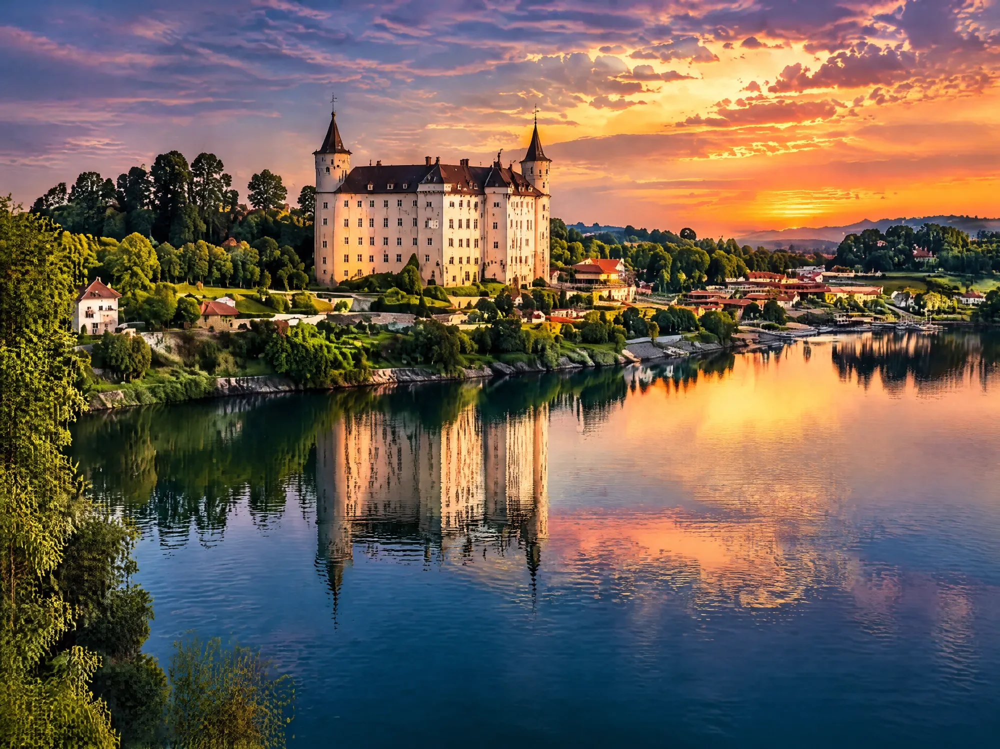 Château au bord de l'eau au coucher du soleil, Slovaquie